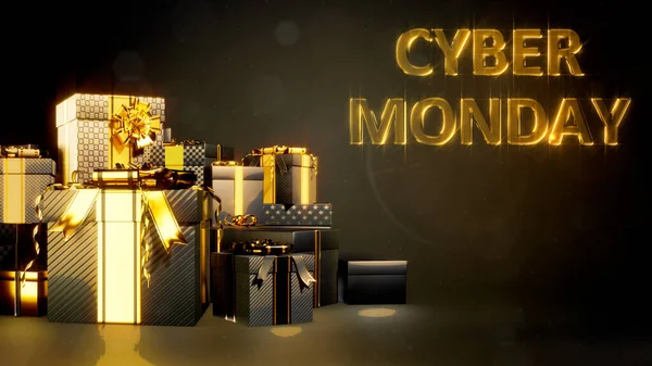 Gold Black Present Box Pile Text Cyber Monday Abstract Rendering — Stock Photo, Image