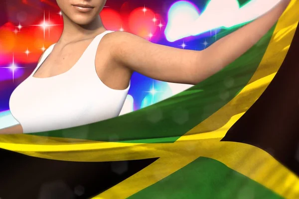 Młoda Dziewczyna Trzyma Flagę Jamajki Przed Nią Świetle Strony Flaga — Zdjęcie stockowe