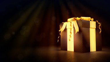 Parlak altın - siyah madalyalı hediye kutusu siyah - soyut 3D illüstrasyon