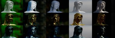 Çeşitli ışık kümesinde alçı taşı, altın ve demir heykeli - nesne 3D illüstrasyon