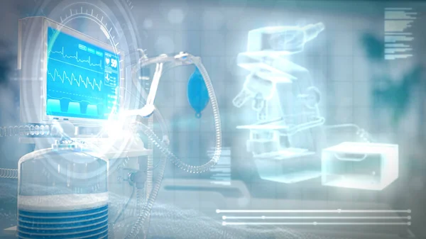 Cgオーバーレイと顕微鏡付きハイテク病院の部屋 抽象3Dイラスト — ストック写真
