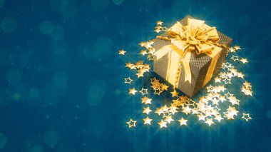 beautiful surprise gift box with goldish stars on blue - christmas concept - abstract 3D rendering clipart