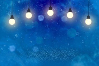 Oldukça parlak soyut arka plan parıltısı lambaları ampuller ve düşen kar taneleri odak dışı bokeh - içeriğiniz için boş alan ile kutlama modeli dokusu