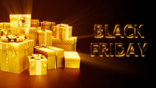 Glowing Gold Pile Surprise Present Boxes Black Friday Text Object — Stock Photo, Image