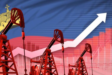Lihtenştayn petrol endüstrisi konsepti, endüstriyel illüstrasyon - Lihtenştayn bayrağı arka planında yükselen tablo. 3B Görüntü