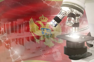 Karadağ bayrağında mikroskop - bilimsel gelişim dijital arka plan. Sağlık hizmeti tasarımı konsepti araştırması, nesnenin 3 boyutlu illüstrasyonu