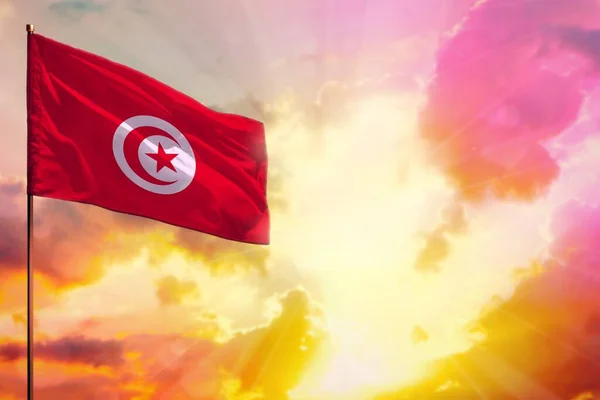 Fluttering Tunézia Zászló Bal Felső Sarokban Mockup Hely Információt Gyönyörű — Stock Fotó