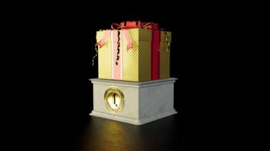 Kazananlar siyah ve izole edilmiş hediye kutuları ve yansımalarla kaideyi oluştururlar.