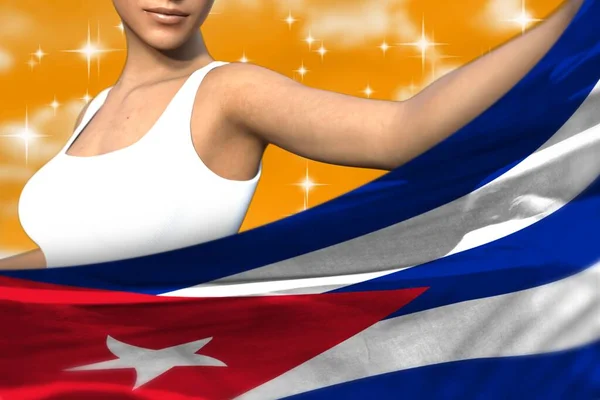 Mulher Bonito Está Segurando Bandeira Cuba Frente Dela Nas Nuvens — Fotografia de Stock