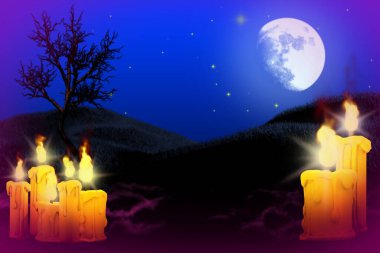 Cadılar bayramı çok renkli korkutucu karanlık gece dokusu - arka plan tasarım şablonu solda mum seti ve sağda iki mum, tatil konsepti