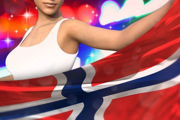 Joven Dama Está Sosteniendo Bandera Noruega Delante Ella Las Luces — Foto de Stock