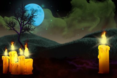 Cadılar Bayramı çok renkli gece dokusu - sol tarafta mumlar ve sağ tarafta yalnız mum seti, parlayan mumlar konsepti - arka plan tasarımı 3D çizim