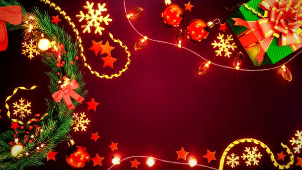 Telón Fondo Navidad Rojo Con Caja Actual Guirnaldas Renderizado Abstracto —  Fotos de Stock