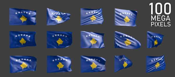 Bandeira Kosovo Isolada Várias Renderizações Realistas Bandeira Acenando Fundo Cinza — Fotografia de Stock