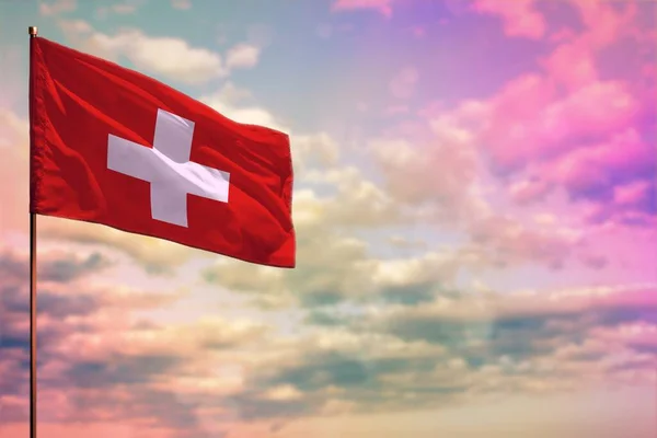 Fluttering Svizzera Bandiera Mockup Con Posto Vostro Testo Sfondo Cielo — Foto Stock