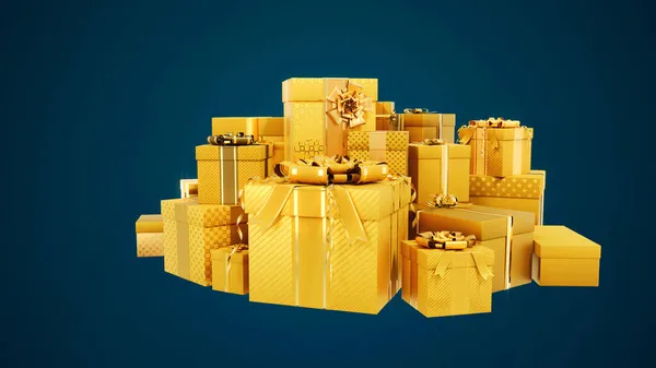 Золотистая Куча Подарков Новый Год Бесплатным Местом Промышленная Рендеринг — стоковое фото
