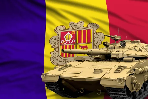 アンドラの旗の背景に架空のデザインの重戦車 現代の戦車軍の概念 軍事3Dイラスト — ストック写真