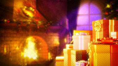 Mevcut kutular yığını ve şömine Noel tatili için boş alan - soyut üç boyutlu illüstrasyon