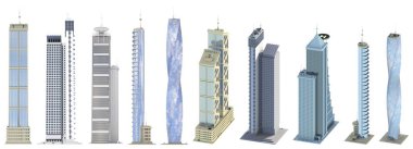 10 farklı kenar mavi gökyüzü yansıması olan çok detaylı kurgusal tasarım gökdelenleri gösteriyor - mimarinin izole edilmiş, 3D çizimi