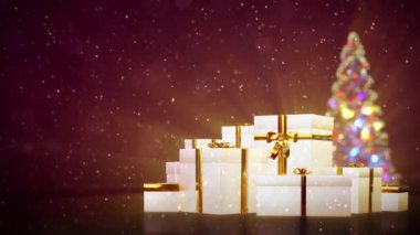 Noel ağacı ve düşen karlı hediyeler grubu