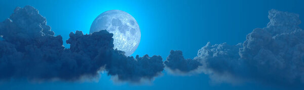 Backdrop - panorama of large clouds and moon - digital nature 3D rendering