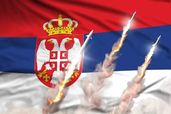 Bayrak Kumaşı Arka Planında Modern Stratejik Roket Güçleri Kavramı Sırbistan — Stok fotoğraf
