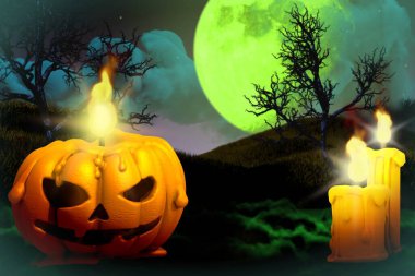 Cadılar Bayramı çok renkli perili gece modeli - sol tarafta balkabağı mumu ve sağ tarafta iki mum, balkabağı feneri konsepti - arka plan tasarımı 3D tasarım