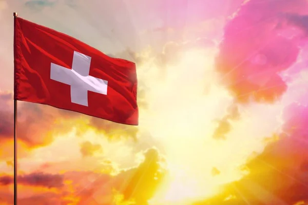 Sventolando Bandiera Svizzera Alto Sinistra Mockup Angolo Con Luogo Vostre — Foto Stock