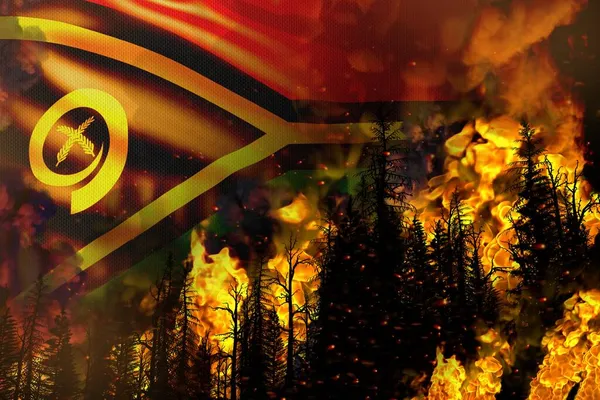 Концепция Стихийного Бедствия Лесного Пожара Сжигание Огня Деревьях Фоне Флага — стоковое фото