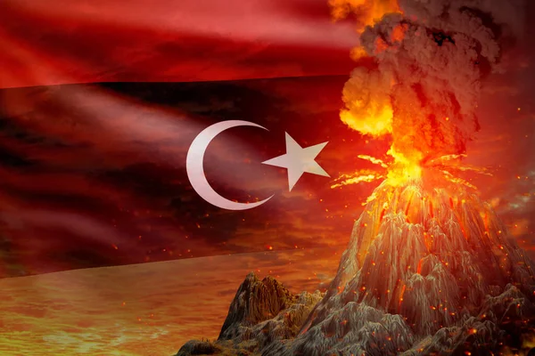 Коническое Извержение Вулкана Ночью Взрывом Фоне Флага Ливии Проблемы Стихийного — стоковое фото