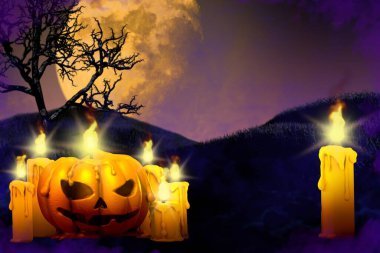 Cadılar Bayramı renkli korkunç karanlık gece modeli - solda balkabağı mumu ve sağda yalnız mum, karanlık konseptte fenerler - arka plan tasarımı 3 boyutlu tasarım