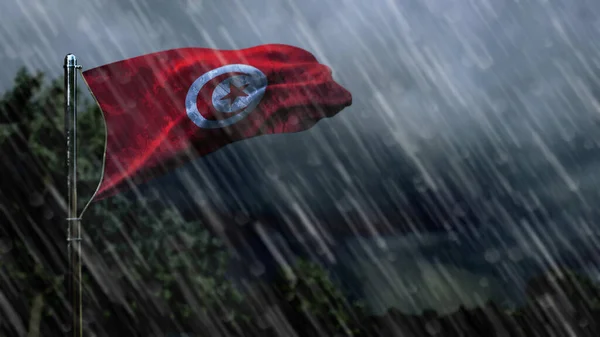Zászló Tunézia Eső Sötét Felhők Csapadék Előrejelzés Szimbólum Természet Renderelés — Stock Fotó