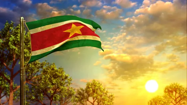 Acenando Com Bandeira Suriname Pôr Sol Para Dia Comemorativo Renderização — Fotografia de Stock