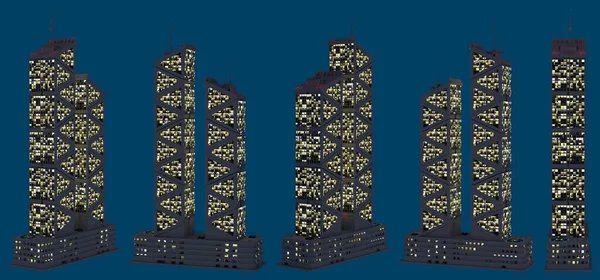 3D摩天大楼的图解 在黑暗中不同的虚构建筑 灯光在蓝色的侧视图上隔离 — 图库照片