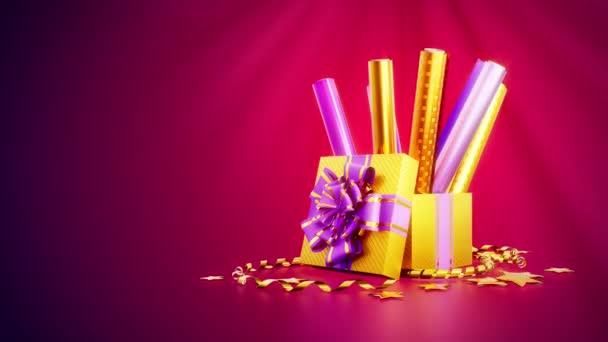 礼物包装纸和惊喜礼品盒在节日背景下旋转 — 图库视频影像