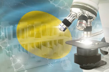 Palau bilim gelişimi dijital arka plan - bayraktaki mikroskop. Genetik tasarım konsepti araştırması, nesnenin 3 boyutlu çizimi