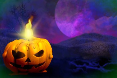 Cadılar Bayramı canlı korkunç karanlık gece modeli - sol tarafta balkabağı mumu ve sağ tarafta boş alan, parlayan mumlar konsepti - arka plan tasarımı 3D resimleme