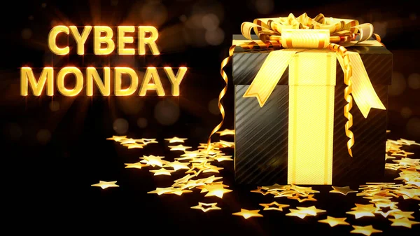 Glowing Gift Box Dark Text Cyber Monday Sell Out Object — Stock Photo, Image