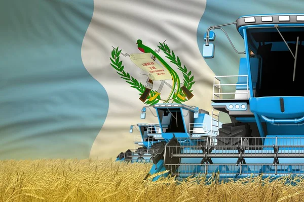 Drie Blauwe Moderne Maaiers Combineren Met Guatemala Vlag Tarweveld Close — Stockfoto
