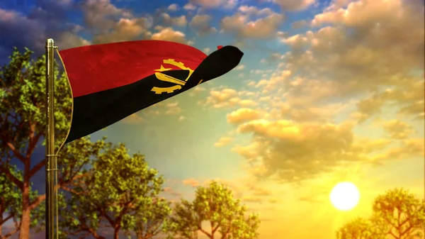 Zwaaien Vlag Van Angola Bij Zonsondergang Voor Veteranen Dag Abstracte — Stockfoto