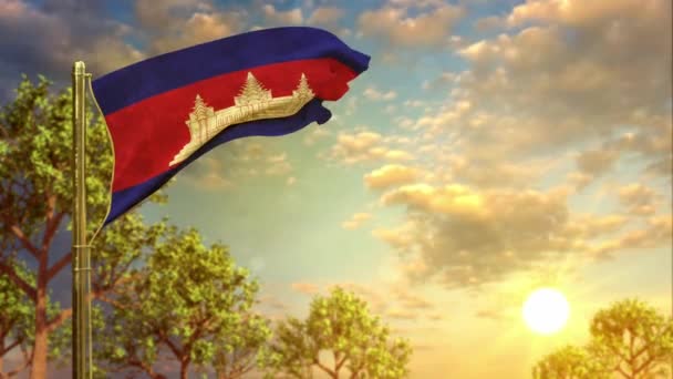 Machająca Flaga Kambodży Zachodzie Słońca Dzień Flagi — Wideo stockowe