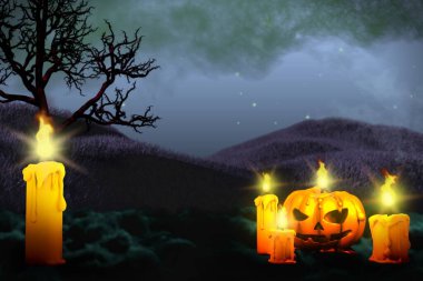 Cadılar Bayramı renkli gece modellemesi - solda yalnız mum ve sağda balkabağı stili mum, balkabağı feneri konsepti - arka plan tasarımı 3D resimleme