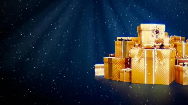 Золотая Куча Подарков Снегом Пустым Местом Рендеринг Объекта — стоковое фото