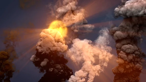 Kolonn Koldioxid Rök Från Löpeld Smutsig Himmel Med Sol Industriell — Stockfoto