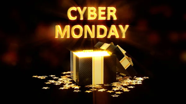 Glowing Surprise Gift Box Dark Text Cyber Monday Object Illustration — Stock Photo, Image