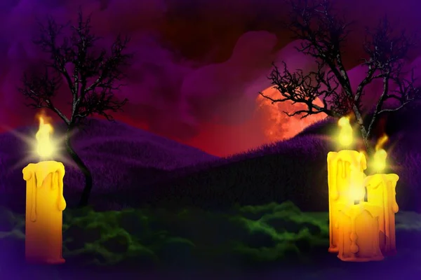 Halloween Colorido Assombração Noite Escura Pano Fundo Vela Solitária Esquerda — Fotografia de Stock