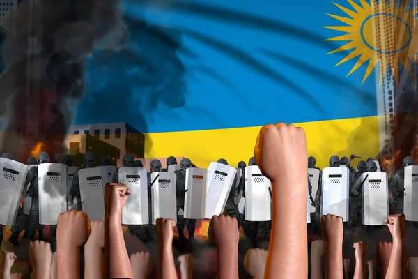 Протест Руанде Полицейские Стоят Против Разъяренной Толпы Фоне Флага Концепция — стоковое фото