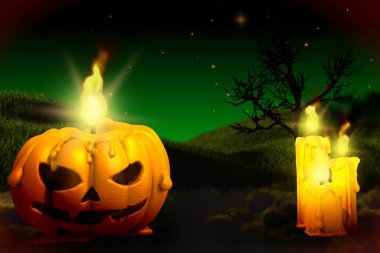 Cadılar Bayramı renkli, karanlık bir model - sol tarafta balkabağı mumu ve sağ tarafta bir sürü mum, tatil konsepti - arka plan tasarımı 3 boyutlu tasarım