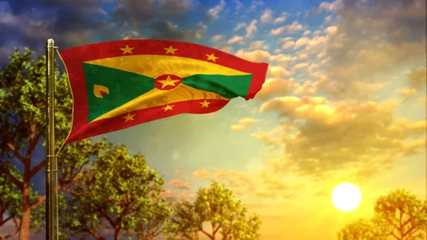 Bayrak günü için gün batımında el sallayan Grenada bayrağı - soyut 3D illüstrasyon