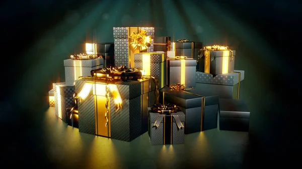 Black Gift Box Haufen Für Weihnachten Oder Cyber Monday Ausverkauf — Stockfoto